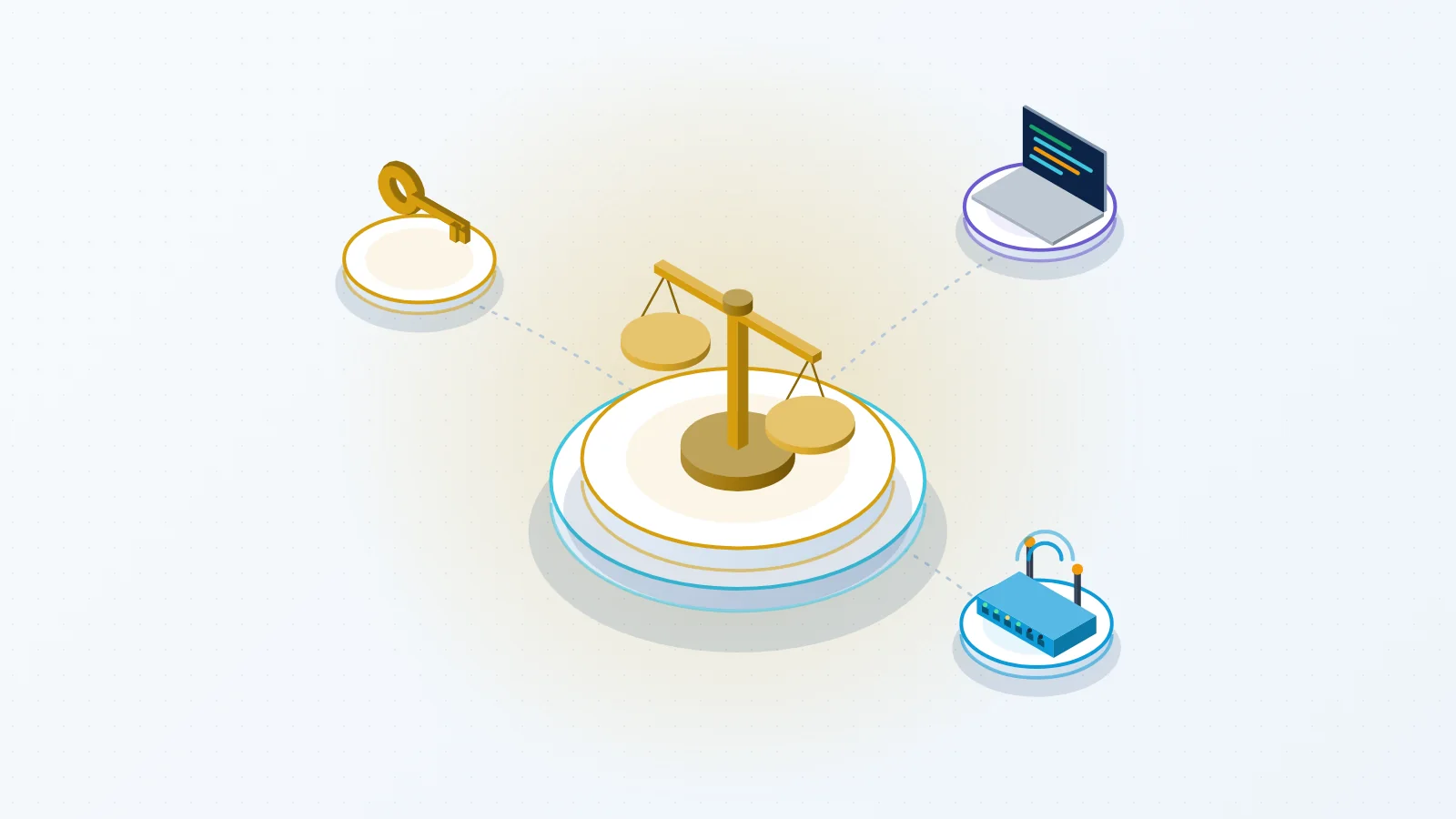 Illustration : balance de la justice reliée à une clé, un poste et le réseau